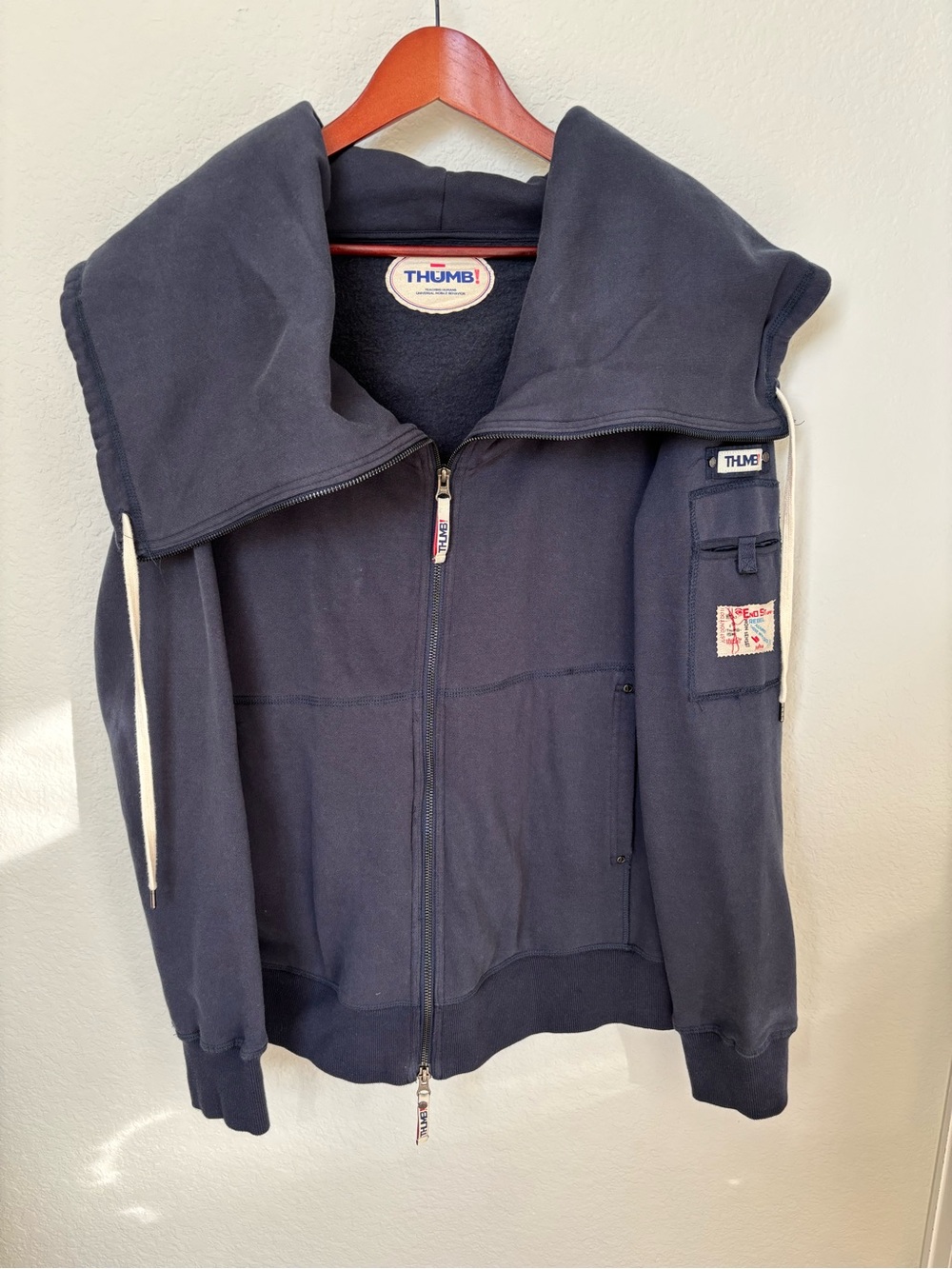 Thumb United Casey Blue Fleece Oversized Crunch Collar Pocket Hoodie Jacket L